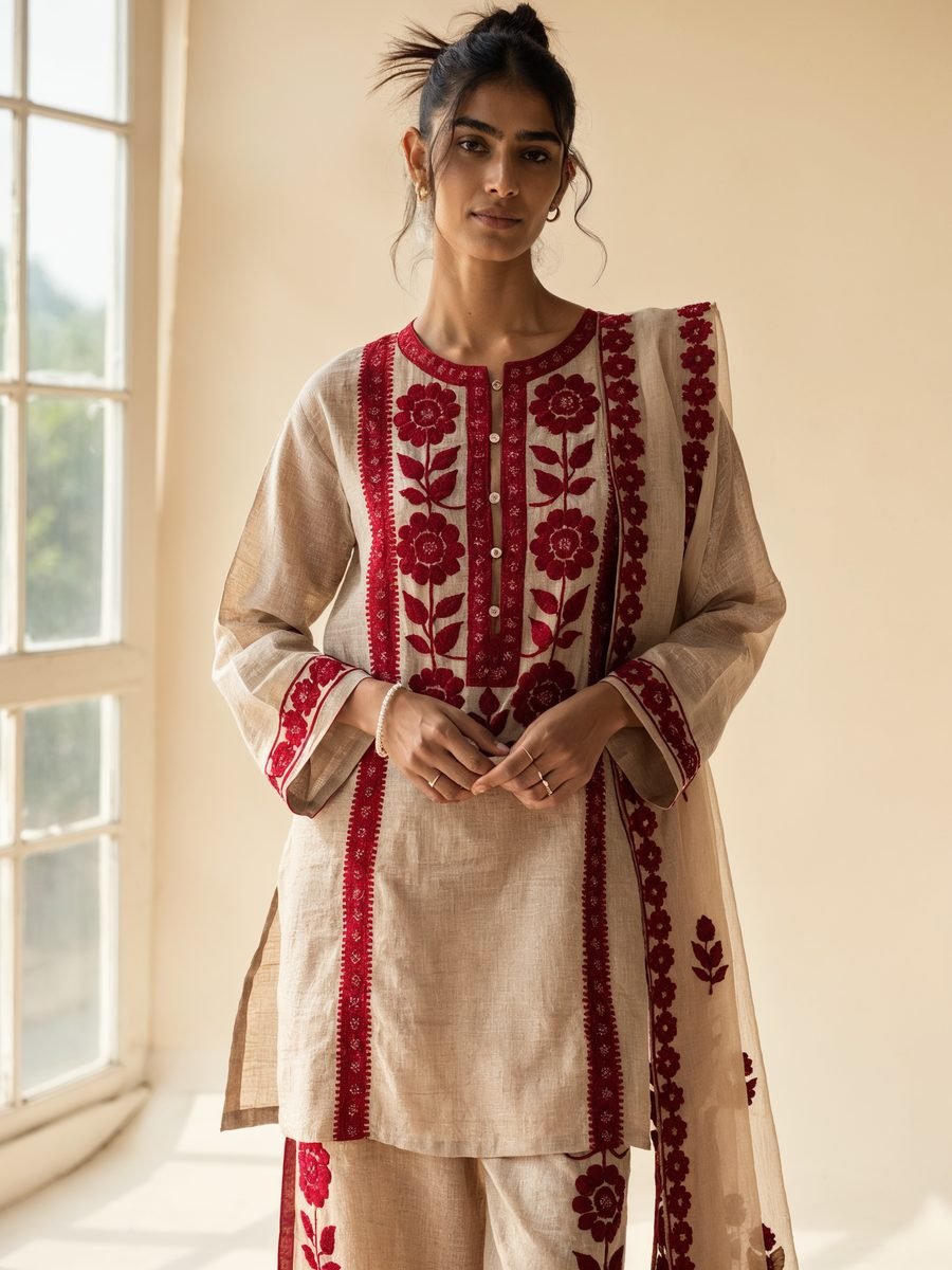 Model wearing an embroidered kurta set with a draped dupatta