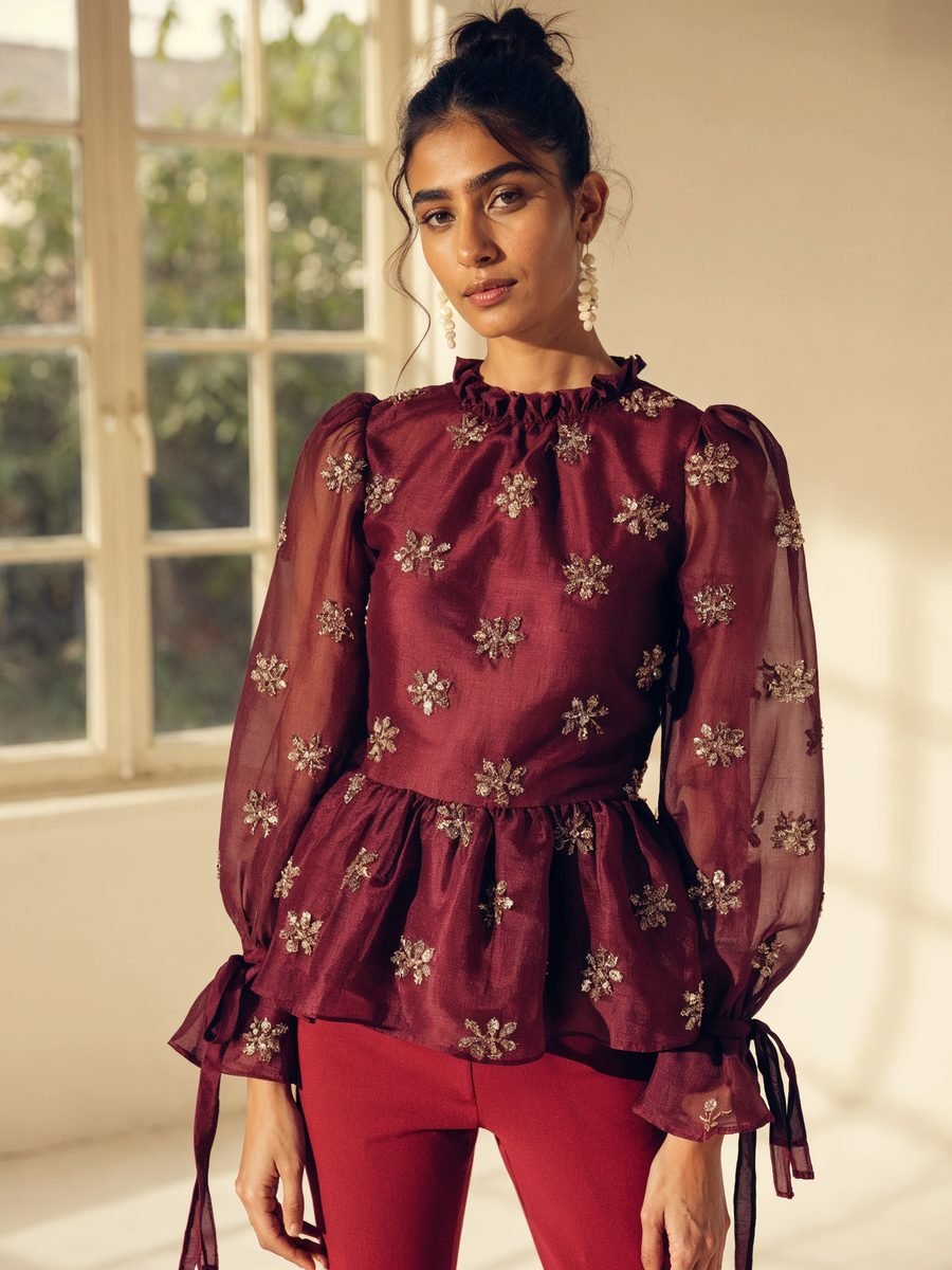 Model wearing a peplum top with a flared waist ruffle